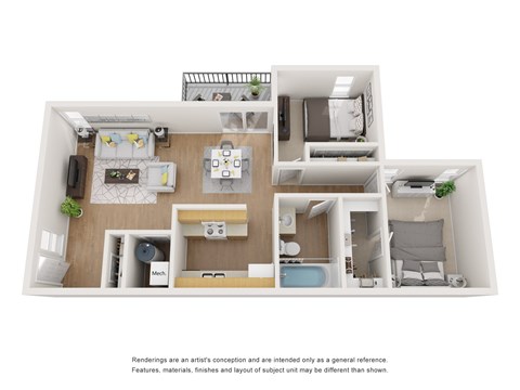 Floor plan for 2 beds, 1 bath, 840 sqft